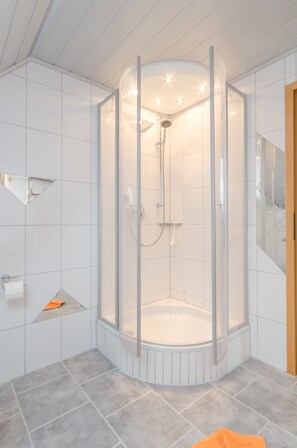 Een douche, een haardroger, handdoeken, toiletpapier