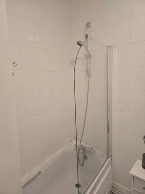Combined shower/bathtub, deep-soaking bathtub, hair dryer, towels