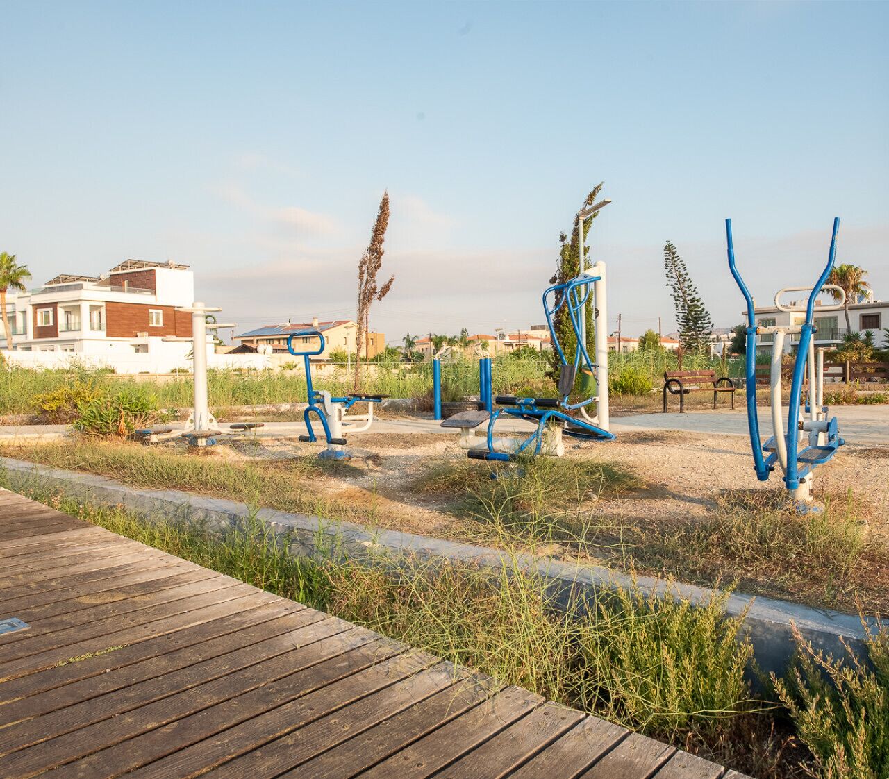 Equipos de ejercicio al aire libre en un parque, con un muelle de madera al frente.