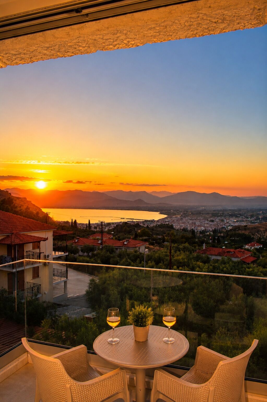 A balcony with a table and chairs overlooking a sunset view of a lake and cityscape.