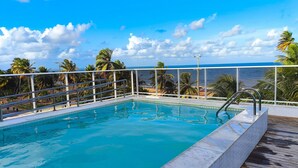 A swimming pool with a clear view of the ocean and palm trees in the background.