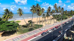 A coastal road with a beach and palm trees in the background.