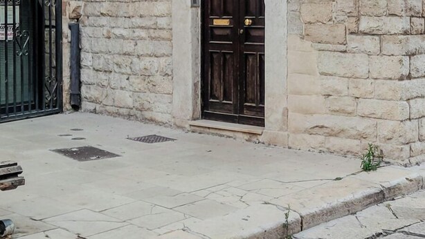 Un edificio de piedra con puerta y contraventanas de madera, una calle empedrada en el frente y una planta pequeña en la acera.