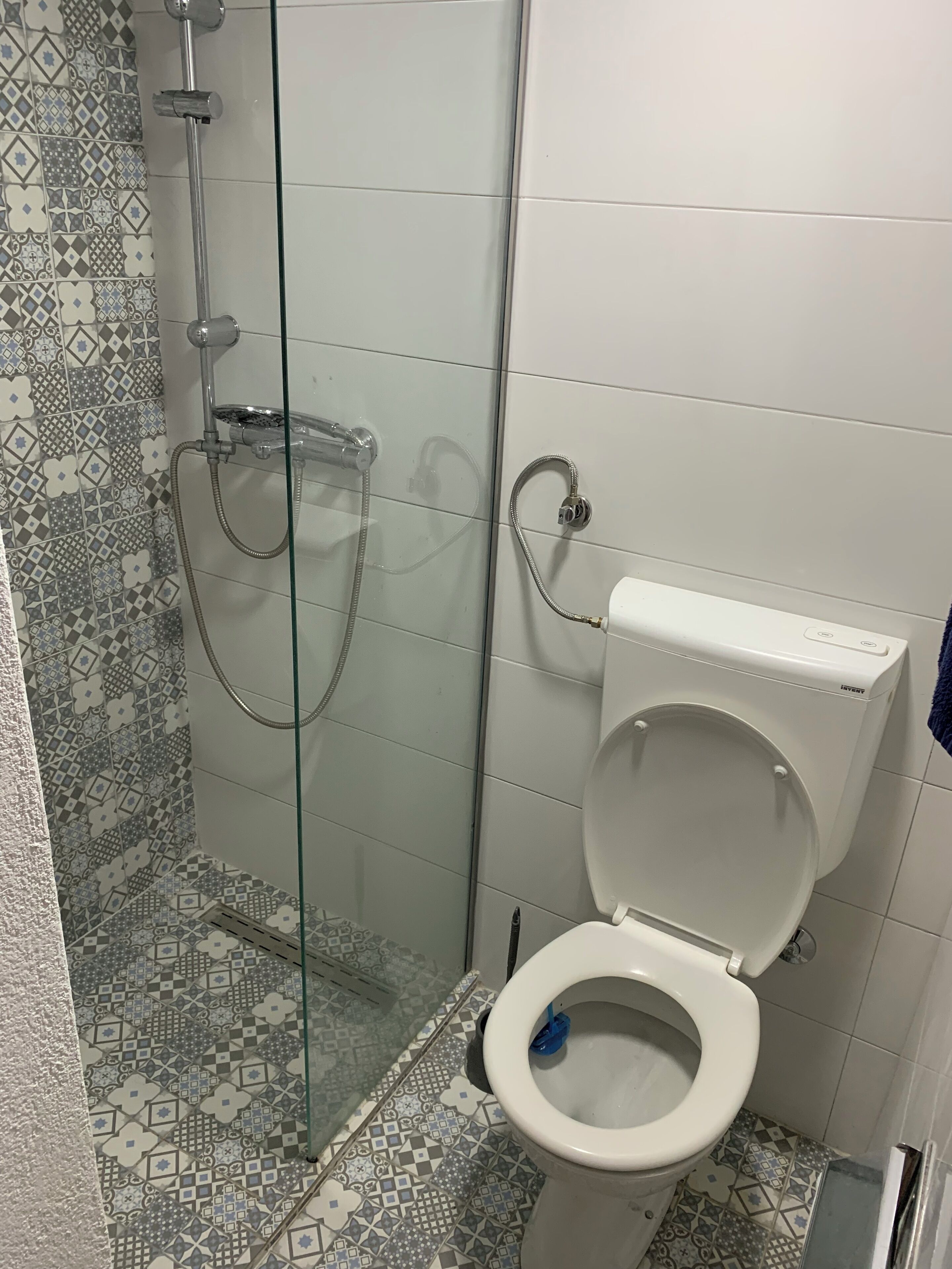 Une salle de bain avec douche, toilettes et carrelage à motifs.