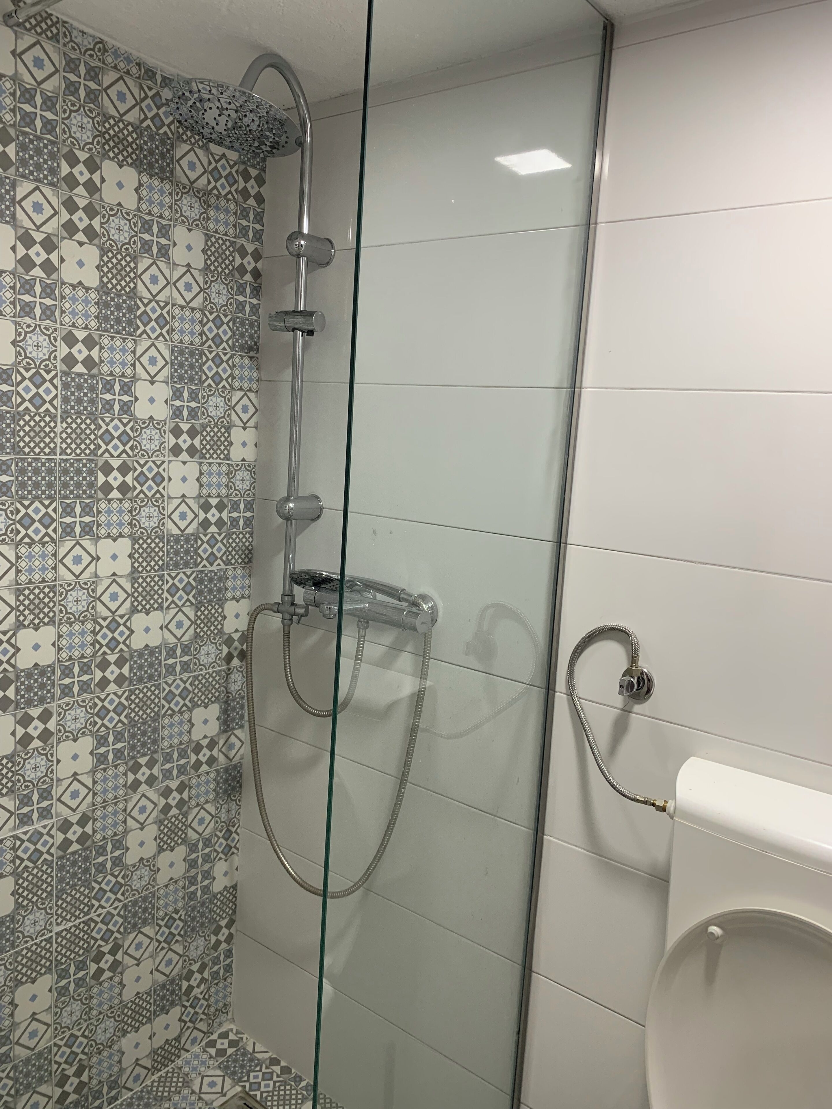 Une douche avec une porte en verre, un mur carrelé orné d’un motif géométrique et des toilettes blanches.