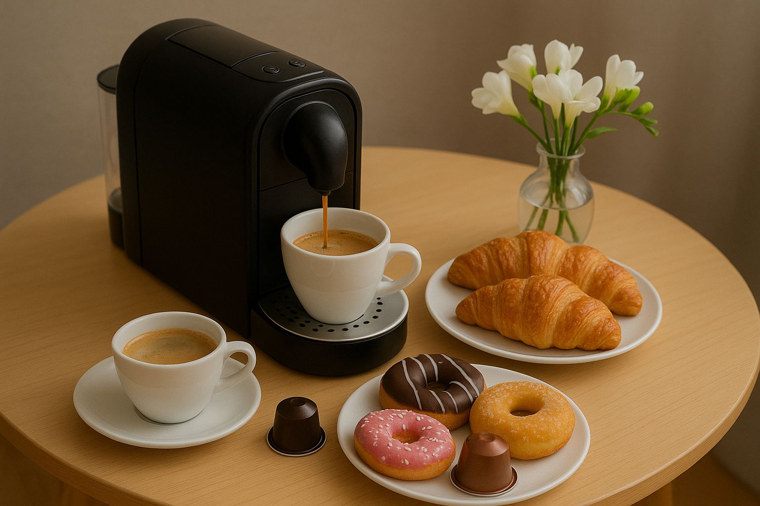 Eine Kaffeemaschine, zwei Kaffeetassen, Croissants, Donuts und eine Vase mit Blumen auf einem runden Tisch.