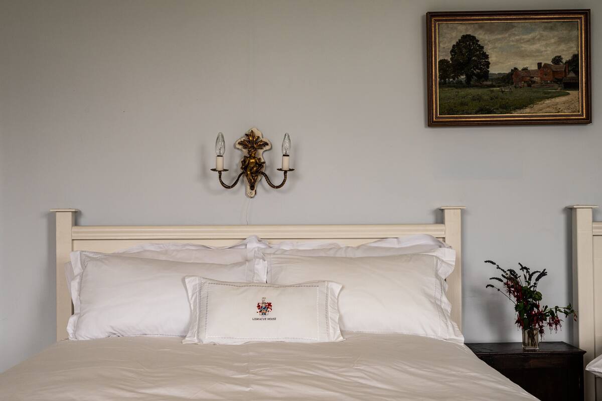 Un letto rifatto con lenzuola e cuscini bianchi, un lampadario a parete e un quadro raffigurante un paesaggio sopra il letto.