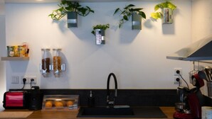 A kitchen with a black sink, a red toaster, and a red stand mixer. There are three potted plants on the wall and a shelf with jars and a box of oranges.