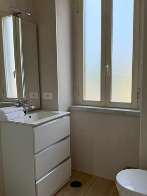 Een douche, een haardroger, een bidet, handdoeken