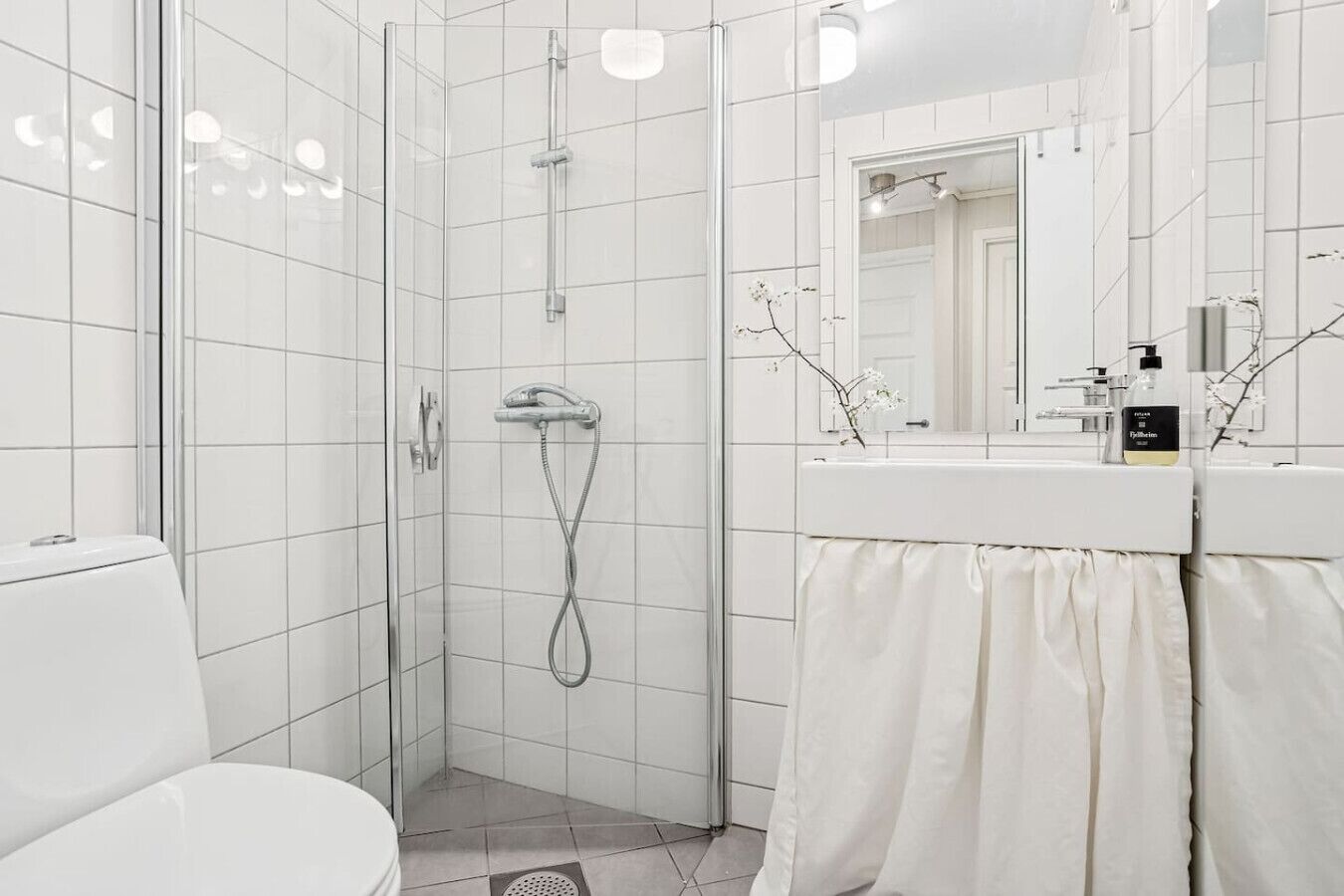 A modern bathroom with a glass-enclosed shower, a white toilet, and a vanity with a mirror.