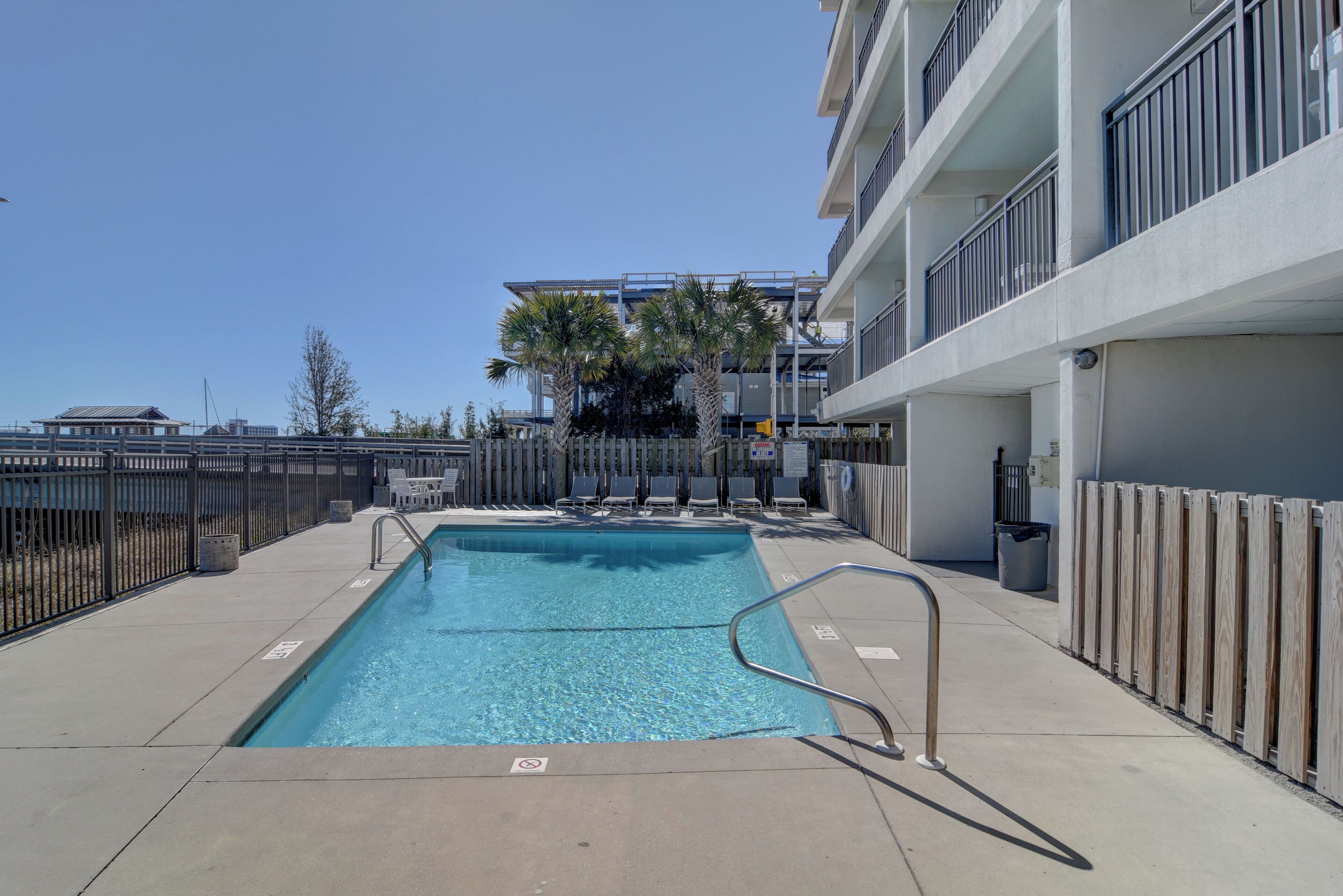 A swimming pool with a metal ladder, surrounded by a fence and palm trees.