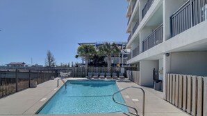 A swimming pool with a metal ladder, surrounded by a fence and palm trees.