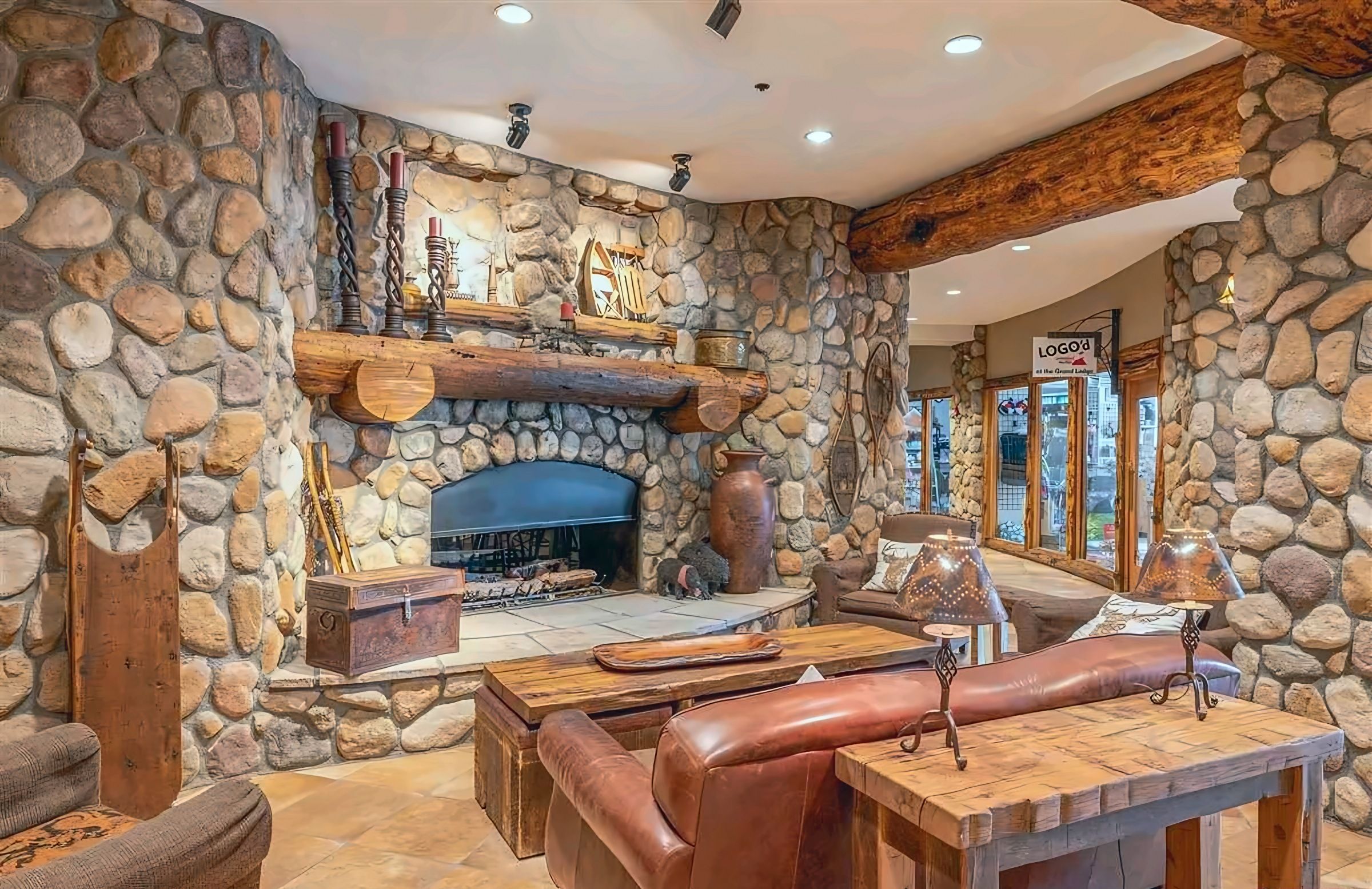 The Grand Lodge Lobby Fireplace | Listed with @BookTraverse