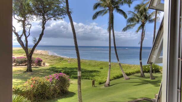 A view of a golf course with palm trees and a beach in the background.
