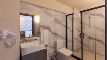 Ducha, secador de pelo, toallas, jabón