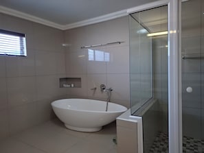 Shower, towels, soap, toilet paper