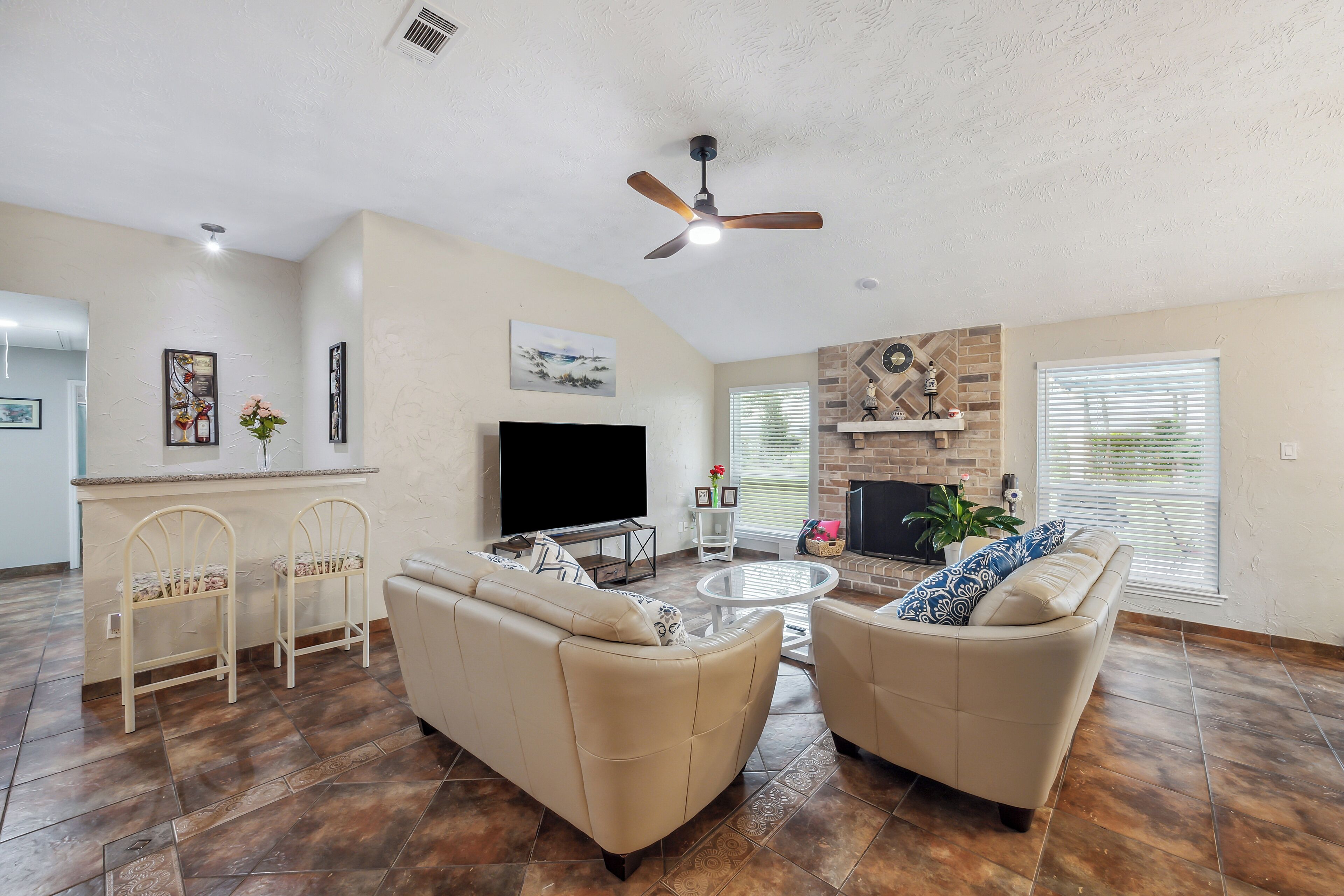 Smart TV, fireplace, books