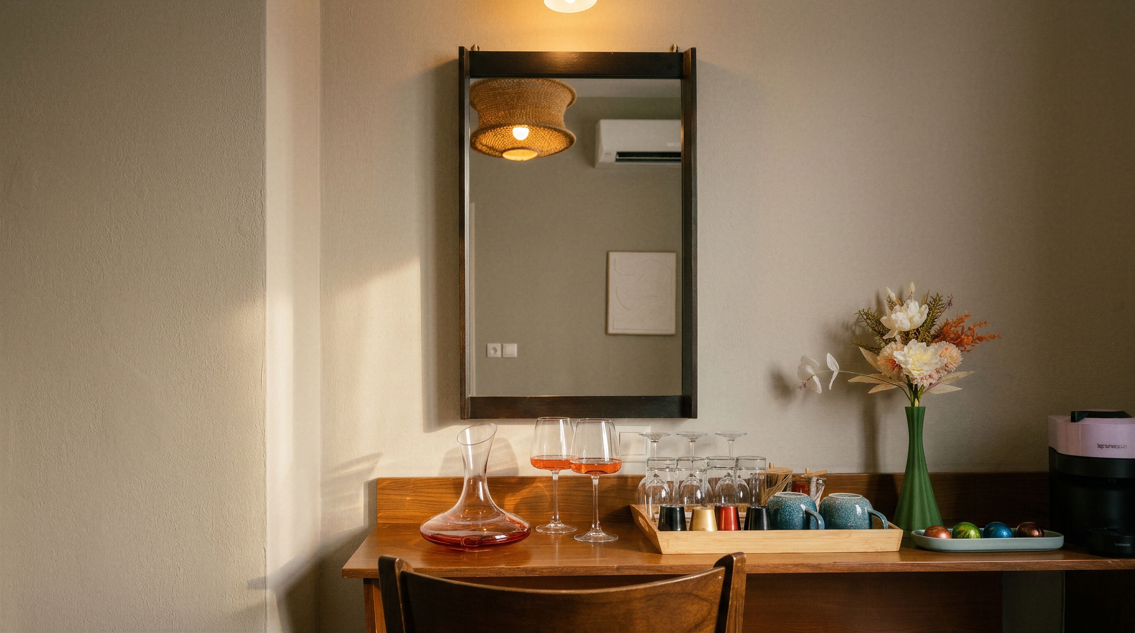 A dining area with a wooden table, chairs, a vase with flowers, and a mirror on the wall.