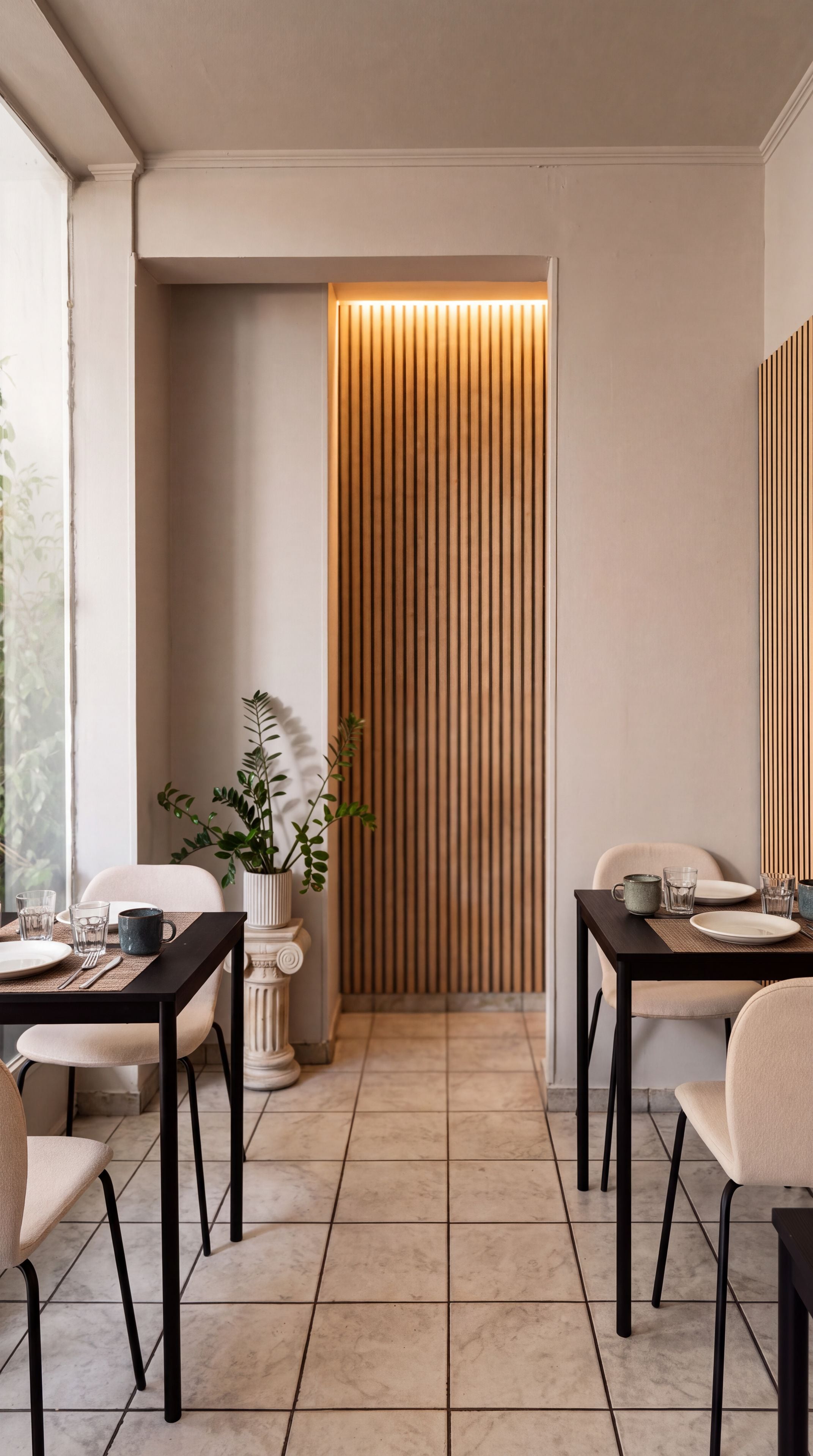 A modern dining area with a central wooden panel, two tables with chairs, and a potted plant.