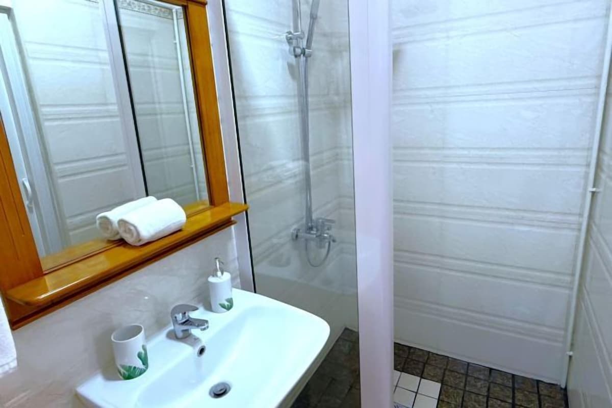 Ducha, secador de pelo, toallas, jabón