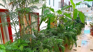 Un couloir agrémenté de plantes vertes luxuriantes et doté d’un sol carrelé.