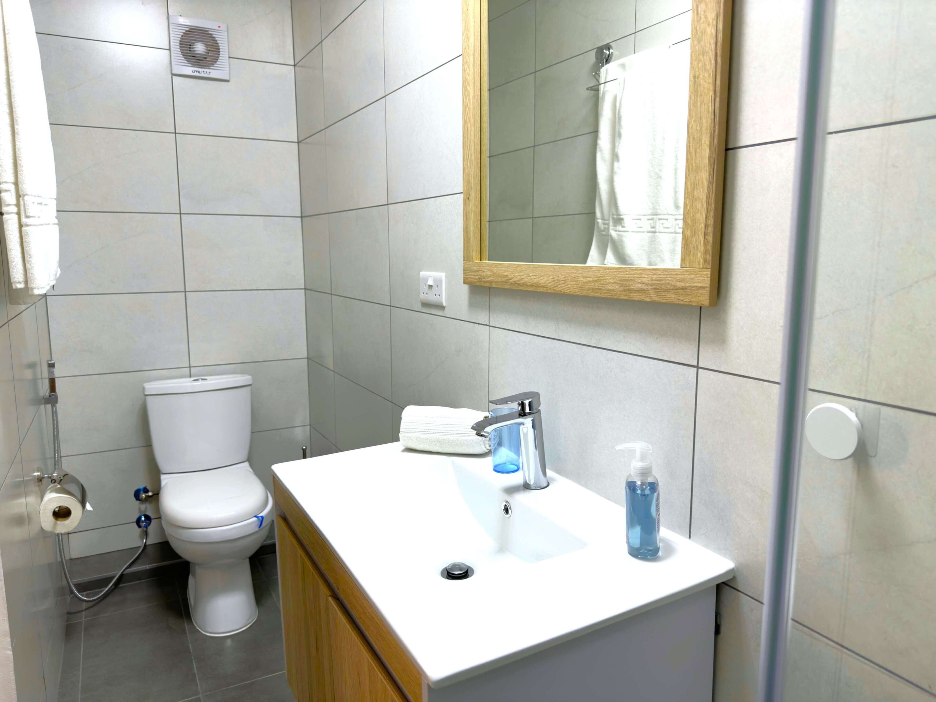 Ein Badezimmer mit Toilette, Waschbecken, Spiegel und Dusche.