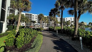 A pathway leading to a modern building with multiple floors, surrounded by well-maintained greenery and palm trees. - Let the sun melt your worries away as you unwind in "Searenity" at Riverside (Marco Island)