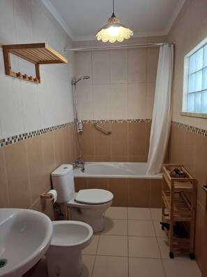 Hair dryer, bidet, towels, soap