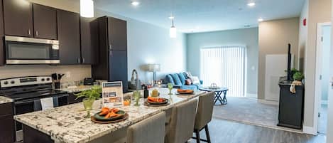 Appartement luxueux, 2 chambres | Cuisine privée | Réfrigérateur grande capacité avec congélateur, grille-pain
