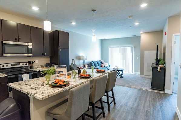 Appartement luxueux, 2 chambres | Cuisine privée | Réfrigérateur grande capacité avec congélateur, grille-pain