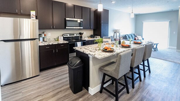 A modern kitchen with dark cabinets, stainless steel appliances, and a marble countertop. - Heartland Flats  (Alliance)