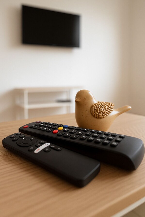 Two remote controls on a wooden surface with a ceramic bird sculpture. - Les près de Prat (Noaillan)