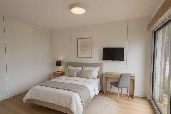 A modern bedroom with a bed, bedside table, chair, TV, and a large window. - Les près de Prat (Noaillan)