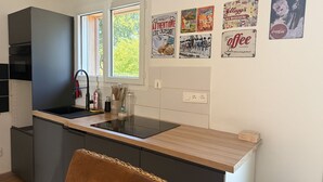 A modern kitchen with a large window, a sink, and a countertop. There are vintage posters on the wall and a chair in the corner.