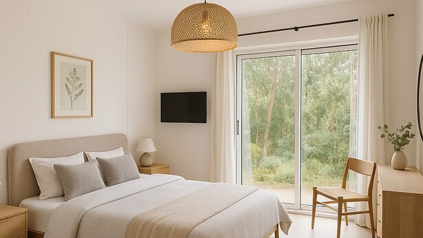A bedroom with a bed, bedside tables, a TV, a chair, a desk, and a large window with a view of trees.