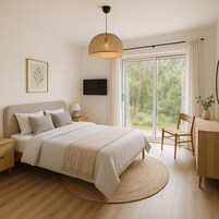 Quarto com cama, mesas de cabeceira, televisão, cadeira, escrivaninha e uma grande janela com vista para árvores.