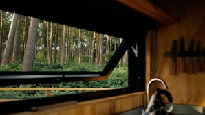 Private kitchen - Luxury Eco-Friendly Off-Grid Forest Cabin With Outdoor Bath (Swynnerton)