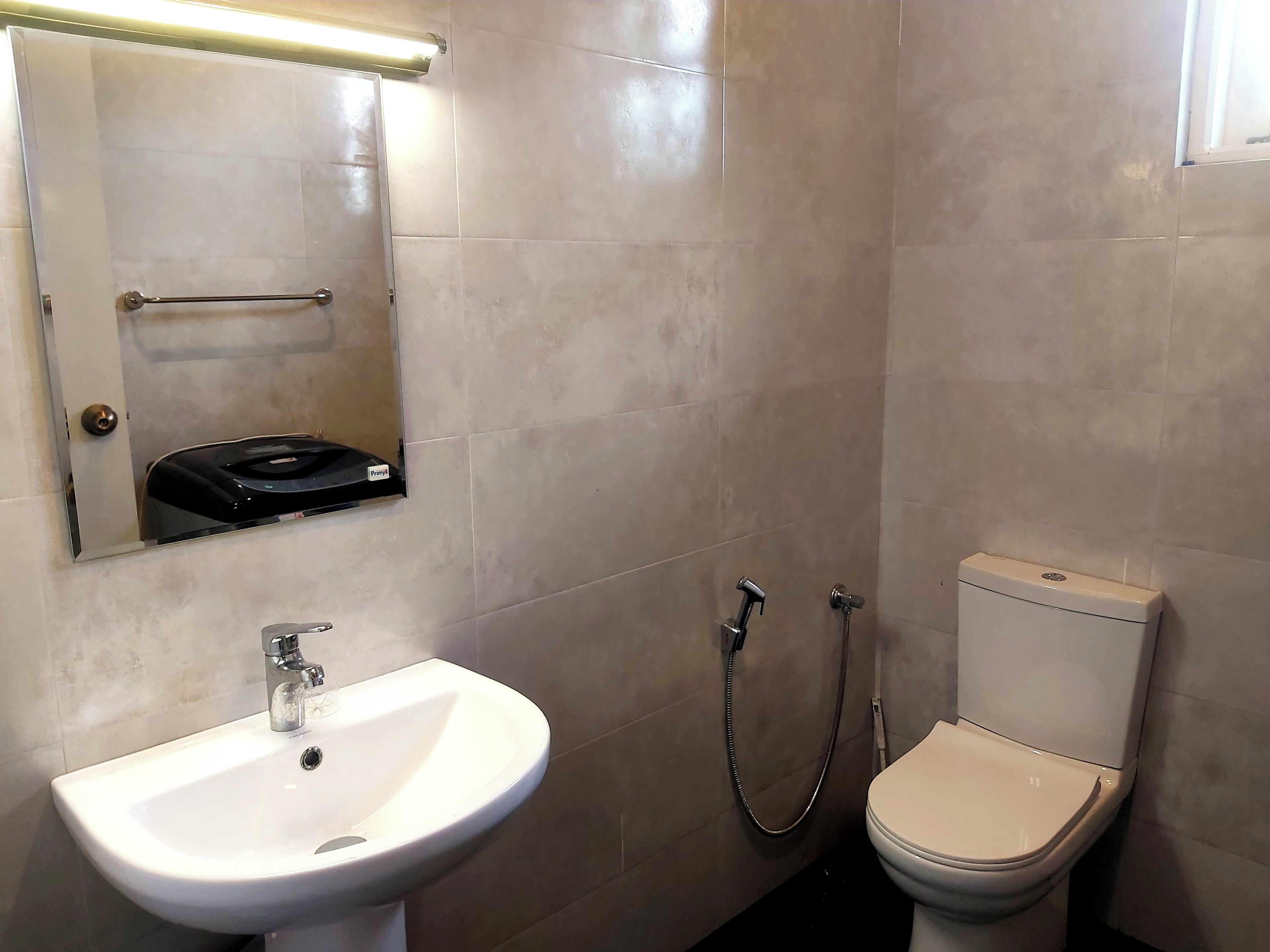 A bathroom with a white sink, a toilet, and a mirror.