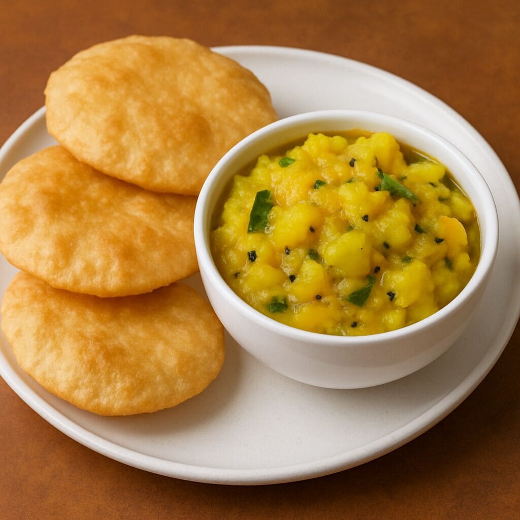 A plate with three round, golden-brown fried items and a bowl of yellow, chunky dish with green herbs.