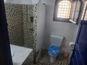 A small bathroom with a toilet, a shower area, and a window.