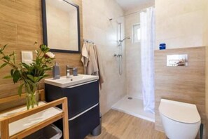 Shower, hair dryer, towels