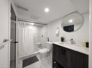 Hair dryer, bidet, towels, soap