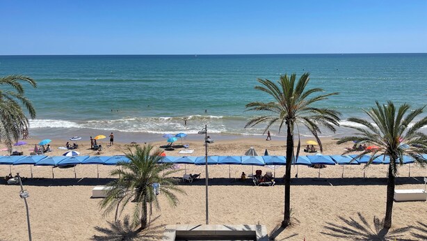 A beach with palm trees, umbrellas, and people. - Calafell beachfront apartment with swimming pool (Calafell)