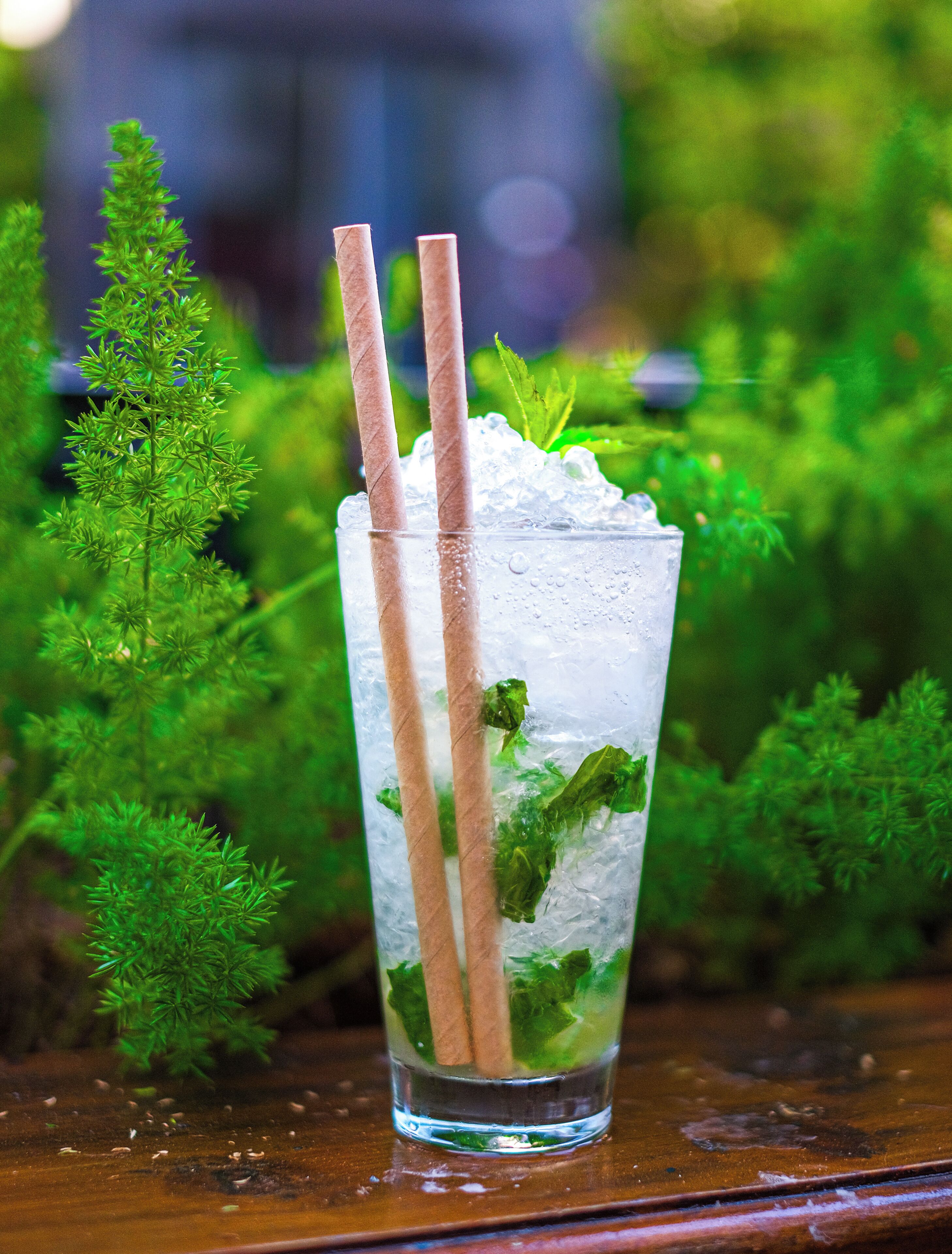 Un verre contenant des glaçons, des feuilles de menthe et deux pailles, posé sur une surface en bois.