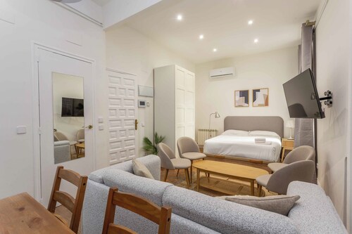 Your cozy and stylish studio in the heart of Madrid! This modern space features a plush double bed, a fully equipped kitchen, and a sleek bathroom, ensuring a comfortable stay.