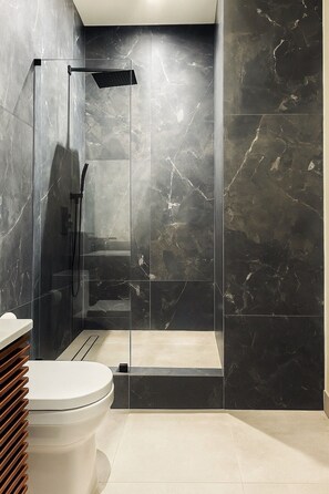 Douche, séchoir à cheveux, serviettes fournies, savon