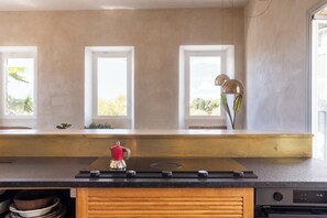 Kühlschrank, Herdplatte, Kochgeschirr/Geschirr/Besteck, Esstisch