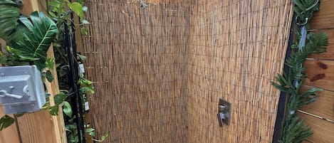 Shower, towels, soap, shampoo