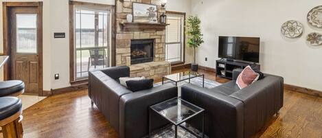 TV, fireplace, table football, books