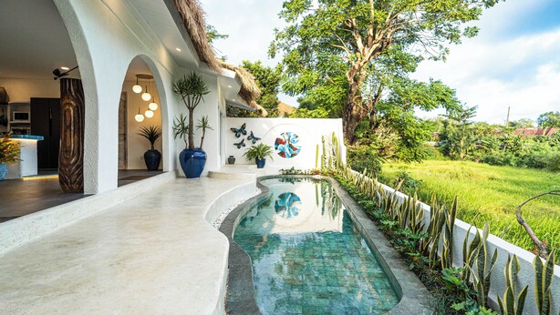 A swimming pool with a curved edge, surrounded by a low wall and various plants. - Villa AZUR (Bali)
